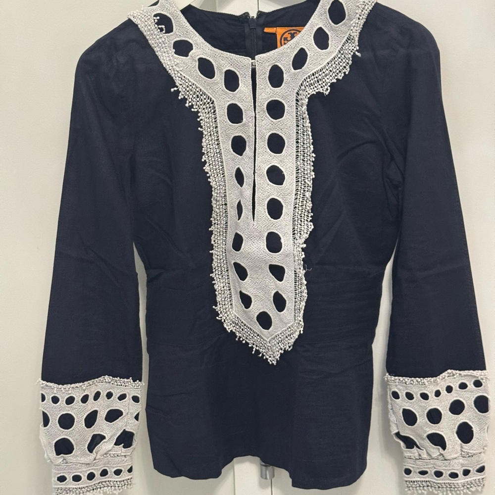 Tory Burch Embellished Blue and White Long Sleeve Blouse